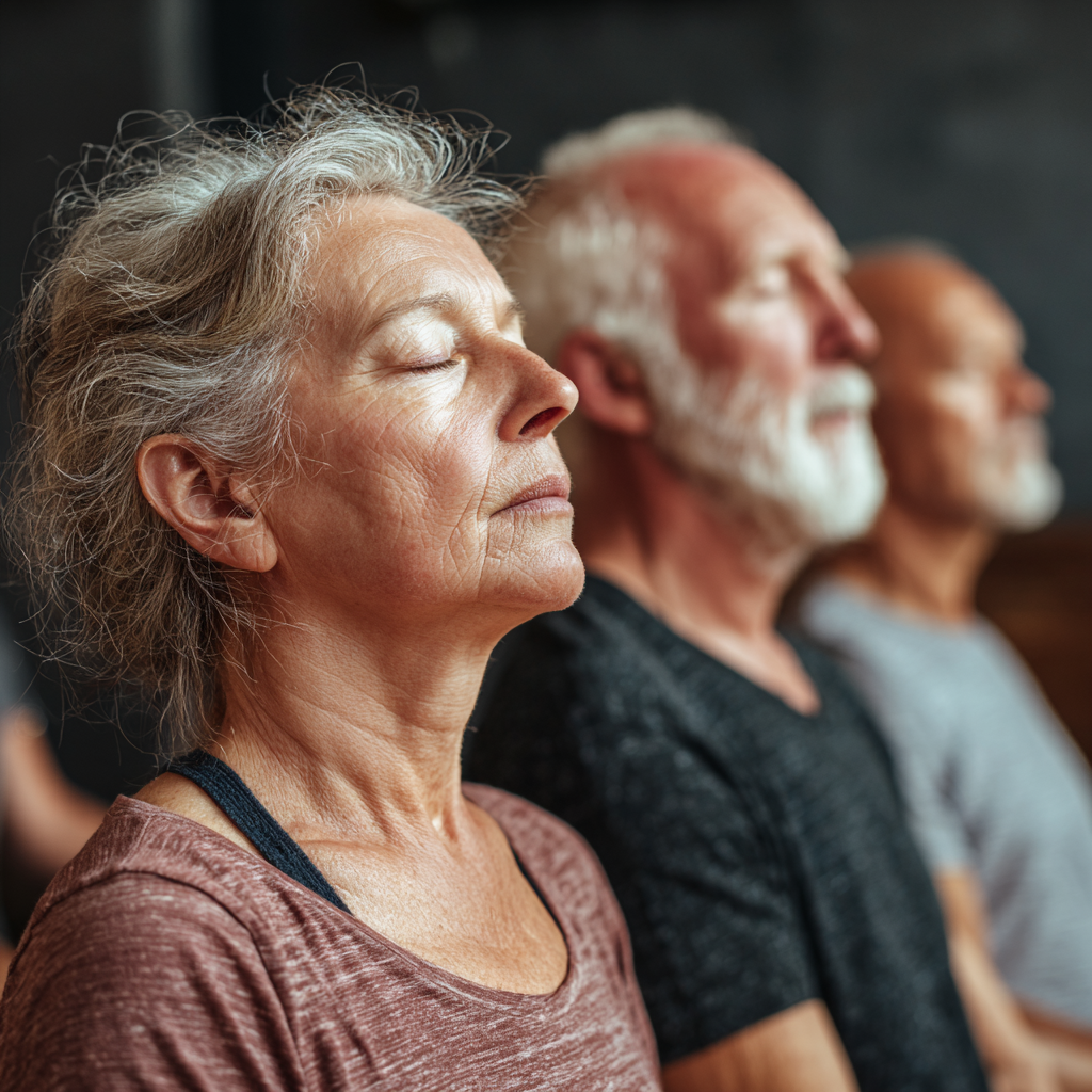 mature adults practicing meditation and breathing exercises