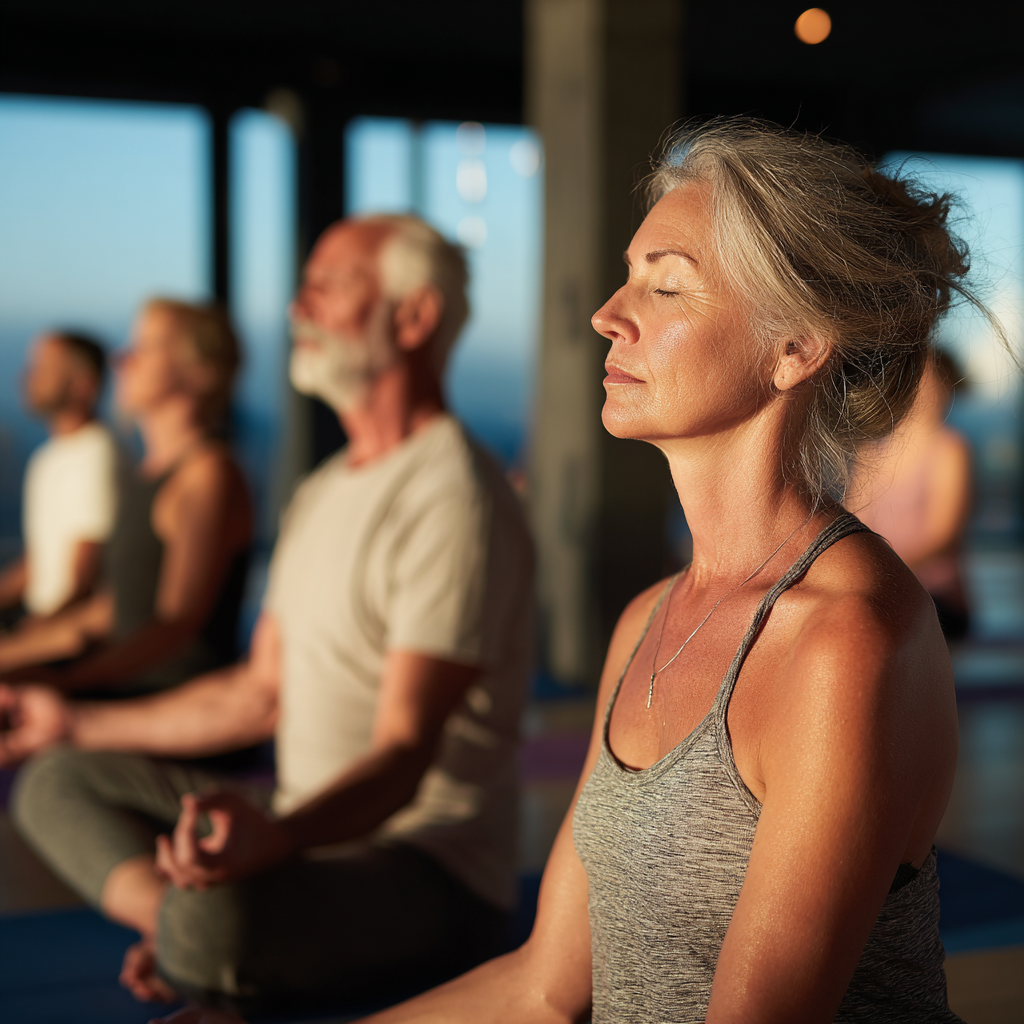 peaceful yoga practice session with middle-aged participants in natural lighting